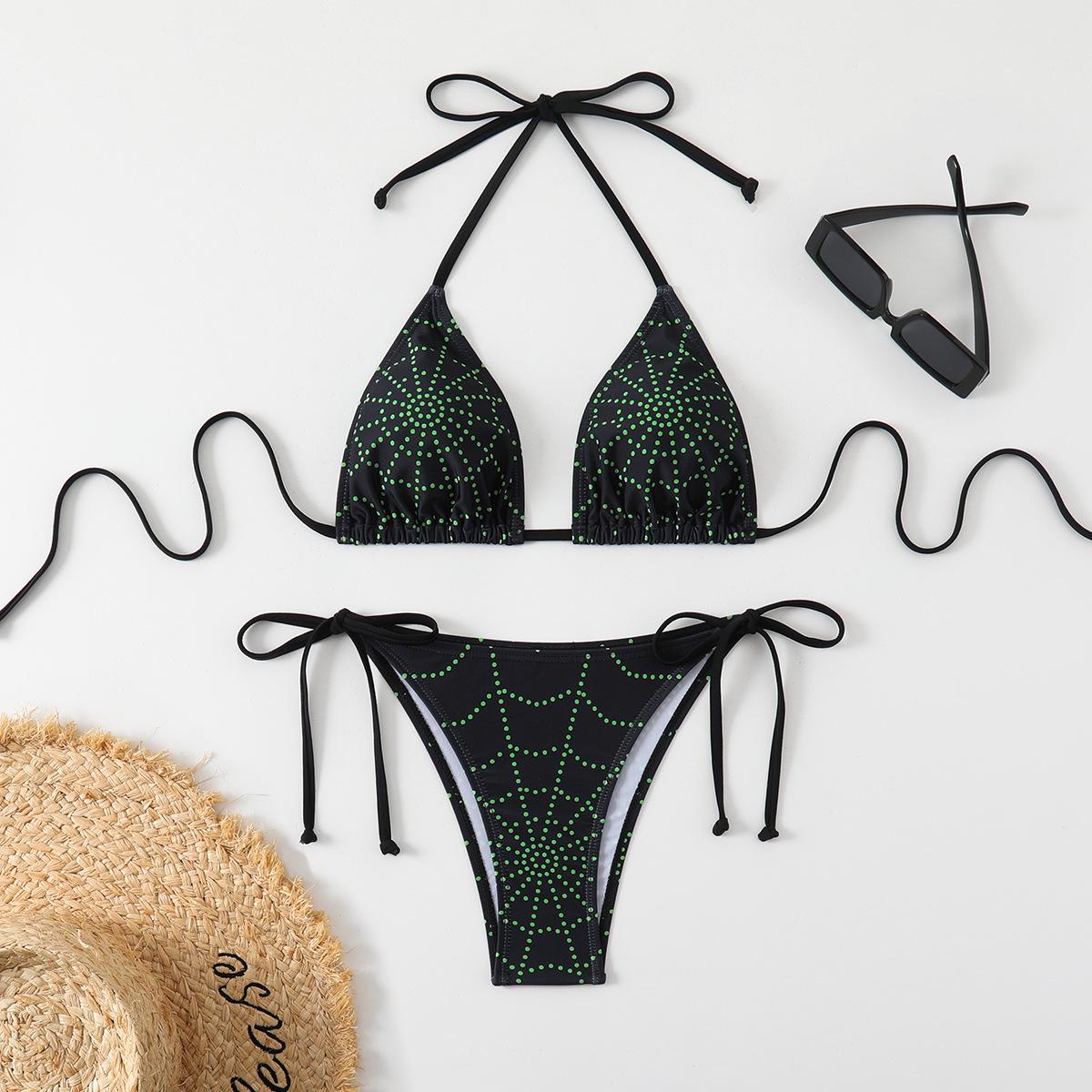 

Women s Green Polka Dot Halter Bikini Three-Piece Set L квітковий
