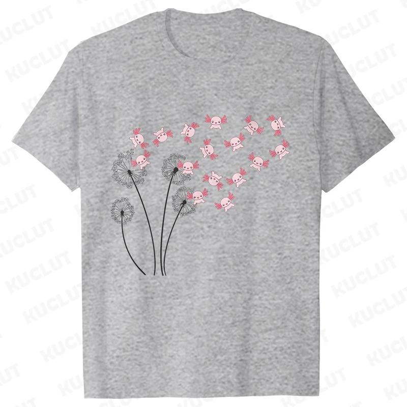 Dandelion Axolotl Flower T-shirt for Women Fashion Casual T-shirts Short Sleeve Axolotl Lover Women Tee Shirt Kawaii Clothing Shirts