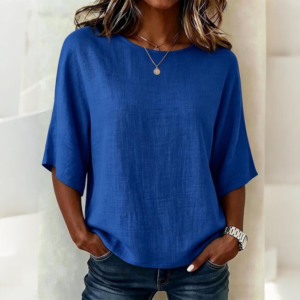 Women's Vintage Neck Short Sleeve T-Shirt Loose Fit Blouse for Everyday Wear