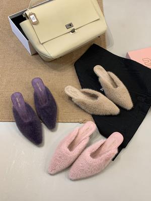 Fashion Lamb Fine Heel Hairy Half Slippers Women's Wear 2025 New Spring, Autumn and Winter Korean Version Pointed Lazy Single Shoes