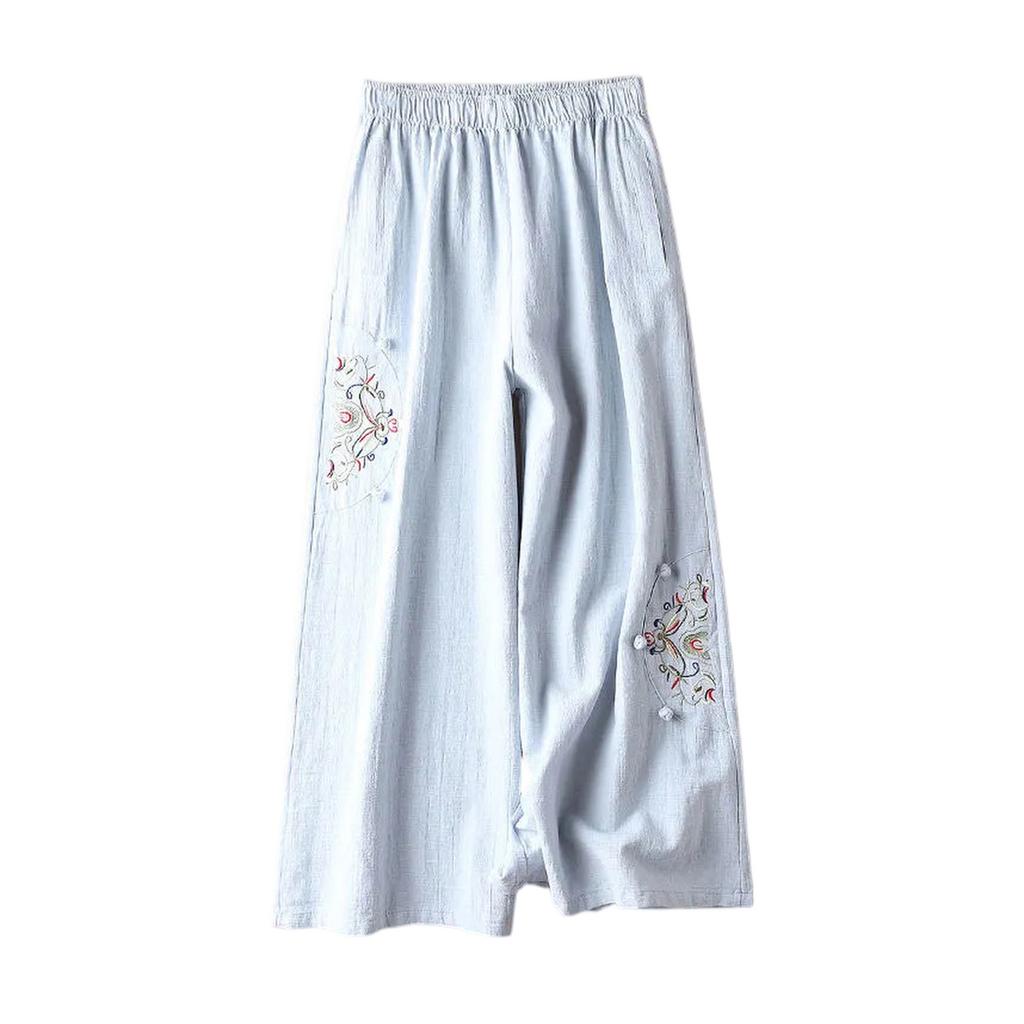 Women's Casual Loose Fit Cotton Linen Blend Lightweight Vintage Ethnic Embroidered Wide Leg Pants Versatile And Flattering 9/10 Length Cropped Pants