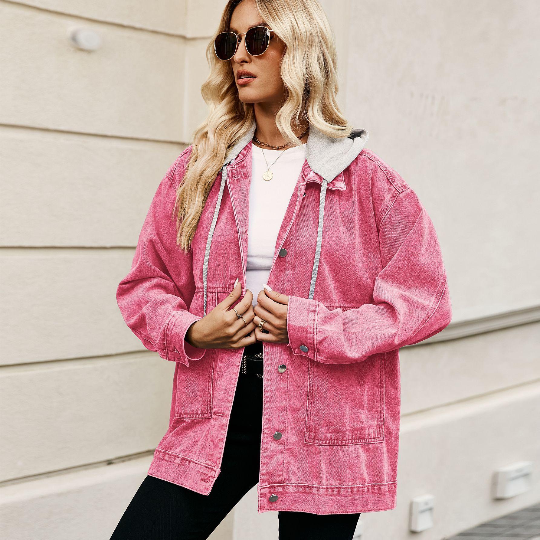 Корейская джинсовая куртка женская весенняя повседневная свободная утягивающая куртка большого размера с капюшоном винтажная джинсовая куртка женская однотонная джинсовая куртка женская XXL розовый