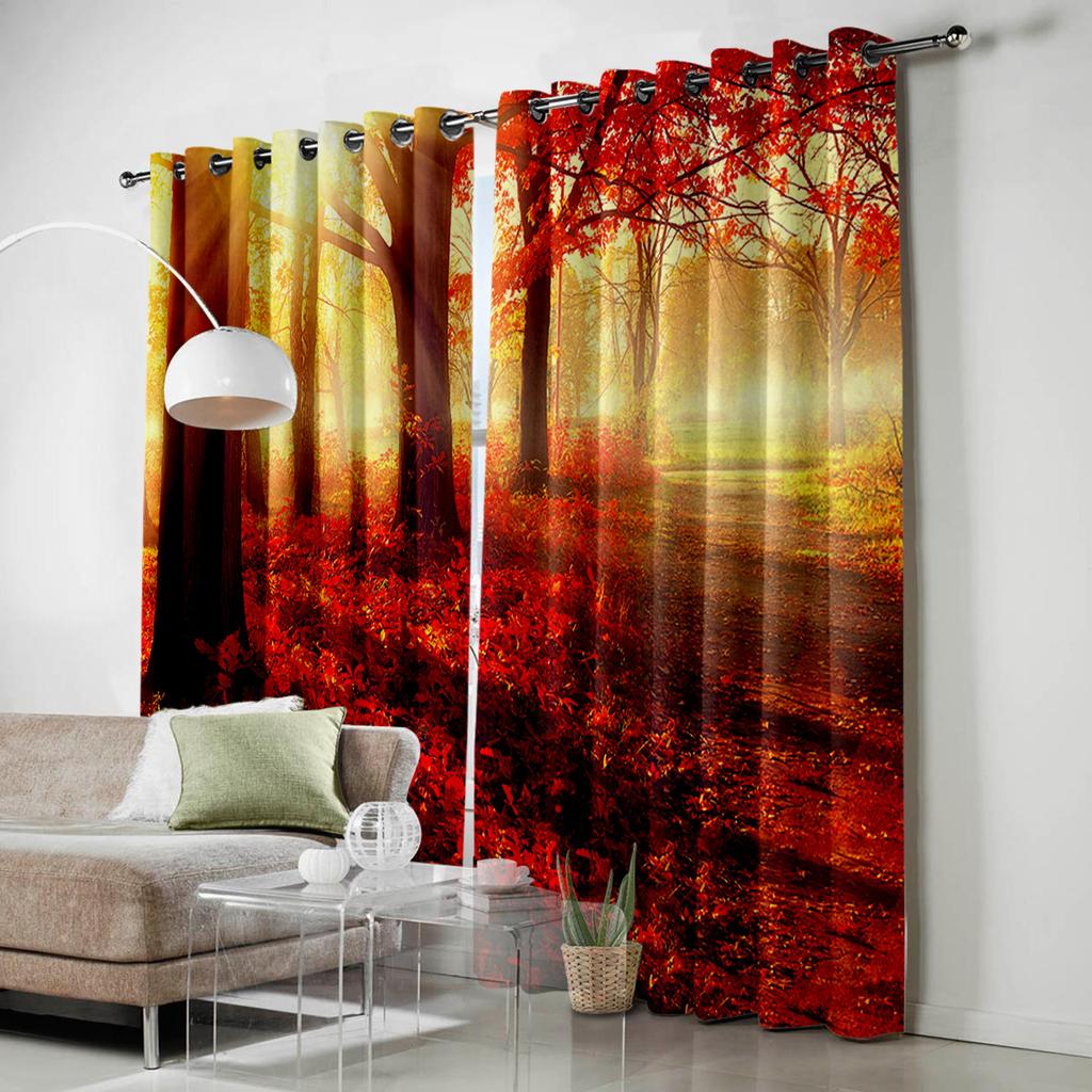 Autumn Maple Leaves Sun Golden Forest Window Curtains Scenic Curtains for Living Room Decorative Items Living Room