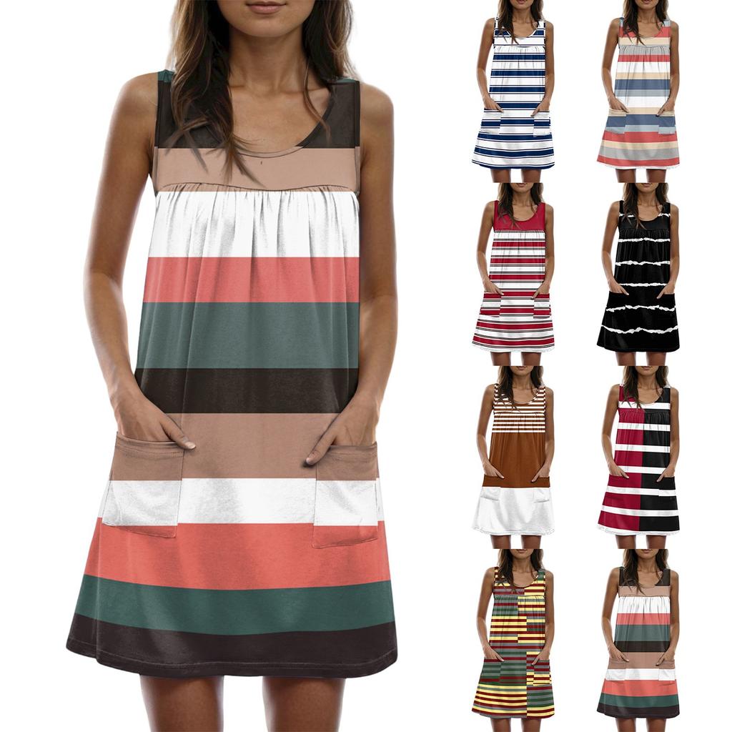 Ladies' Casual And Fashionable Round Neck Sleeveless Loose Printing Pocket Dress