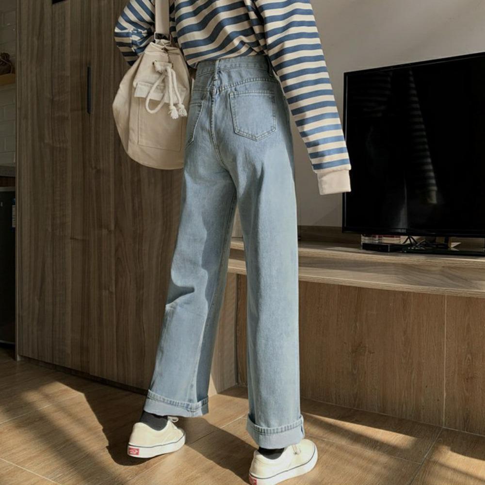 Korean Version of Chic Fashion New Versatile High-waisted Denim Straight-leg Pants Women's Loose and Thin Casual Wide-leg Trousers