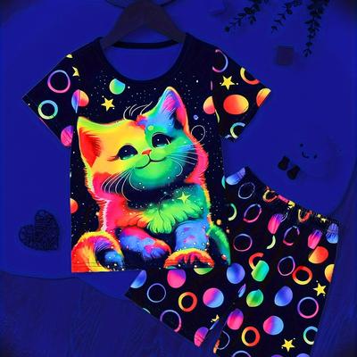 2-teiliges süßes Pyjama-Set für Mädchen, fluoreszierende, farbenfrohe kurze Hemden und Shorts mit Katzendruck, bequemer und süßer Prinzessinnen-Schlafanzug