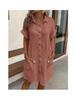 2024 Women's Casual Cotton Linen Short Sleeve Dress – Solid Color, Mid-length, Button-Down