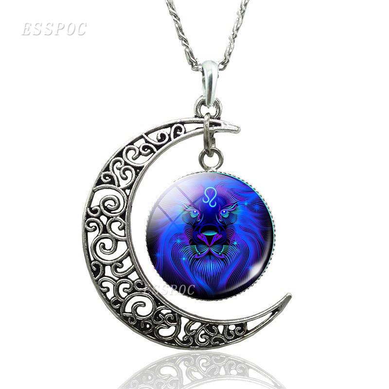 12 Constellation Necklace Zodiac Signs Cabochon Glass Crescent Moon Pendant Clavicle Chain Necklace Birthday Gifts for Women