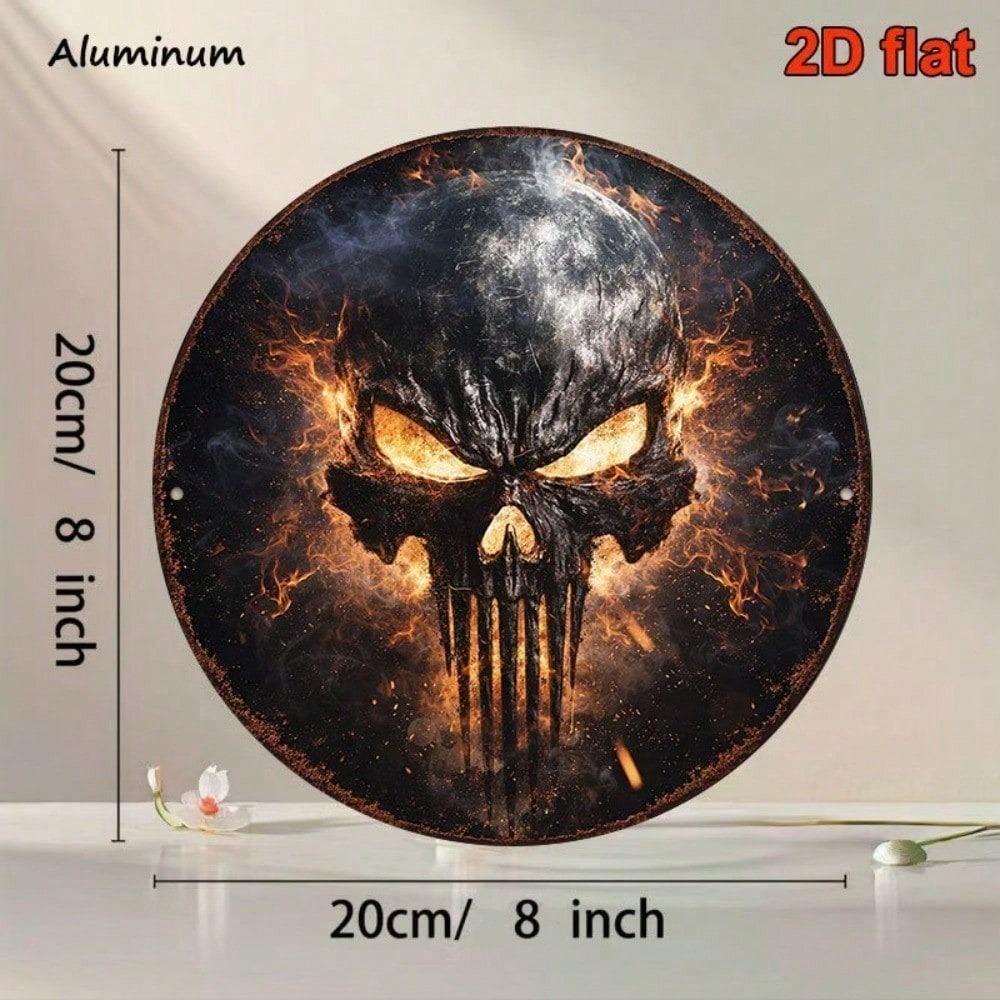 1pc Vintage Punisher Skull Flame 2D Flat Round Sign 8x8in, Unique Wall Art Plaque for Bar Game Room Garage Man Cave