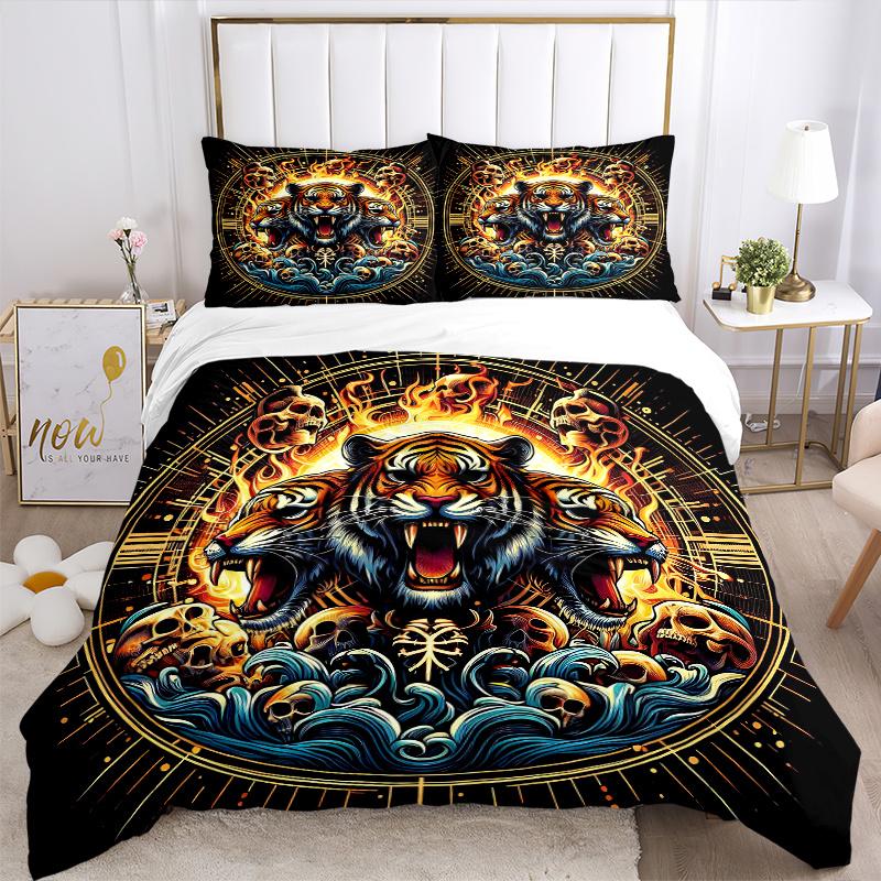 3pcs Flaming Tiger Amidst Waves Pattern Bedding Set, 1* Cover + 2*Pillowcases, Bedding Set, Soft and Comfortable, Bedroom and Guest Room Use