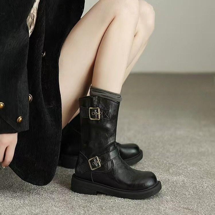 2025 new Martin boots women's autumn and winter thick heel sheepskin locomotive boots women's western cowboy boots retro knight medium boots