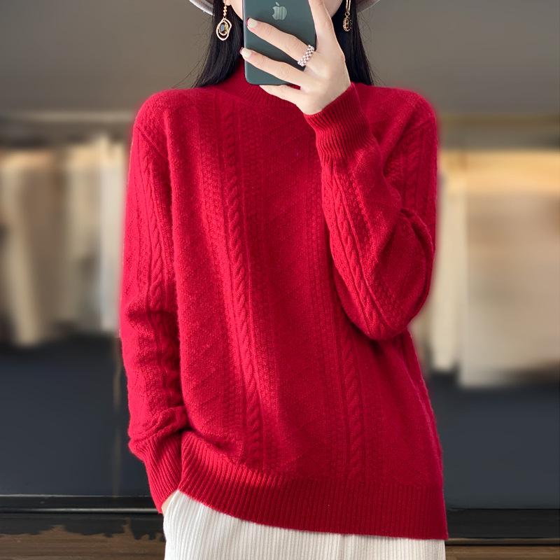 High Neck Vertical Stripe Jacquard Wool Sweater - Fashionable Cable Knit Cashmere Knitwear