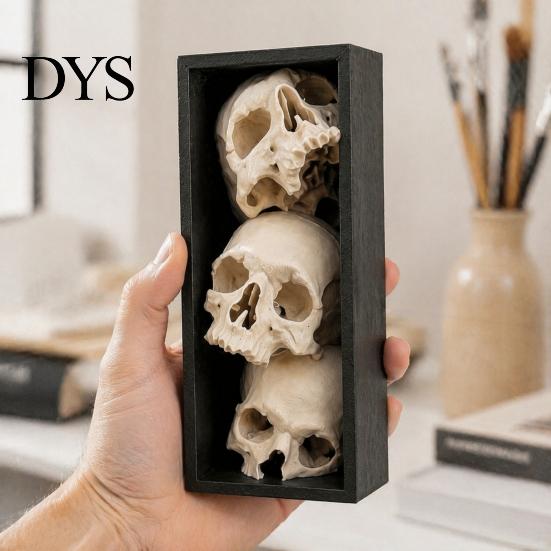 Horror Theme Decor Skulls Book Nook, Gothic Skull Bookshelf Insert, 3 Tier Stacked Sculpture Mysterious Library with Black Frame, Academia Spooky for