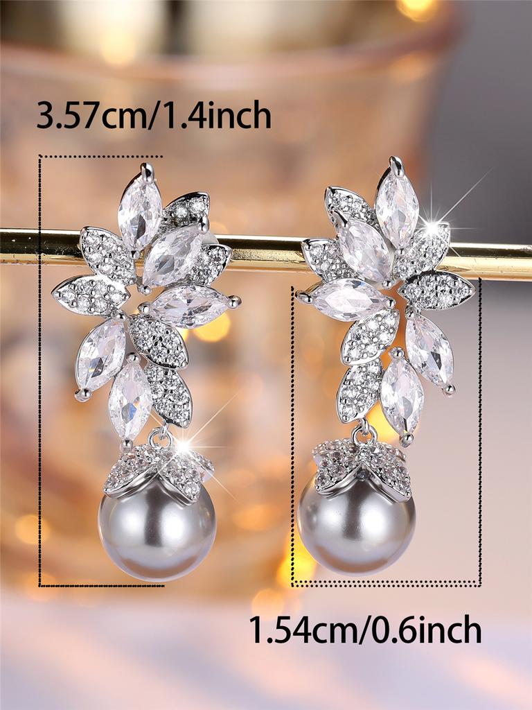 Cute Female Crystal White Zircon Flower Gray Pearl Stud Earrings Vintage Silver Color Party Wedding  For Women