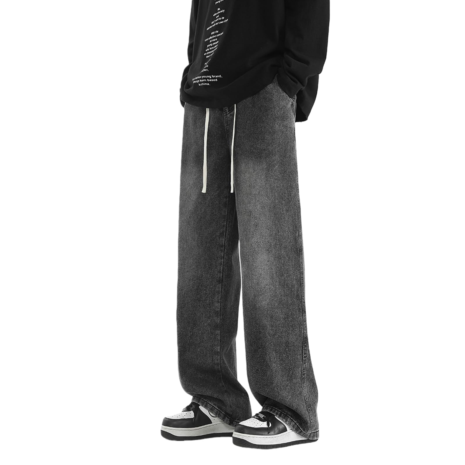 Kayiyasu Denim Solid Adjustable Plus Sizes Loose Stylish Men s Wide-Leg Jeans, Pants, Spring/Autumn/Winter Wear, Color, Drawstring, Available, Fit, серый