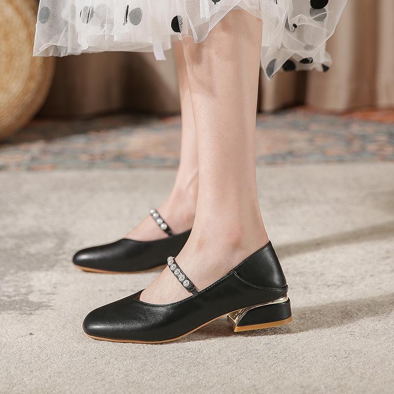 Mary Jane Shoes Women's 2025 Summer Single Shoes French Gentle Flat Sole Medium High Heel Thin Small Leather Shoes Gentle Wind