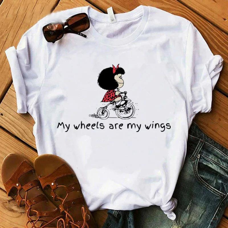 2025 Neues T-Shirt Damen Lustige Cartoon PAZ Mafalda oder QUIERO Cafe Bedrucktes Oberteil Damen T-Shirts Harajuku Lässig Weißes T-Shirt Kleidung