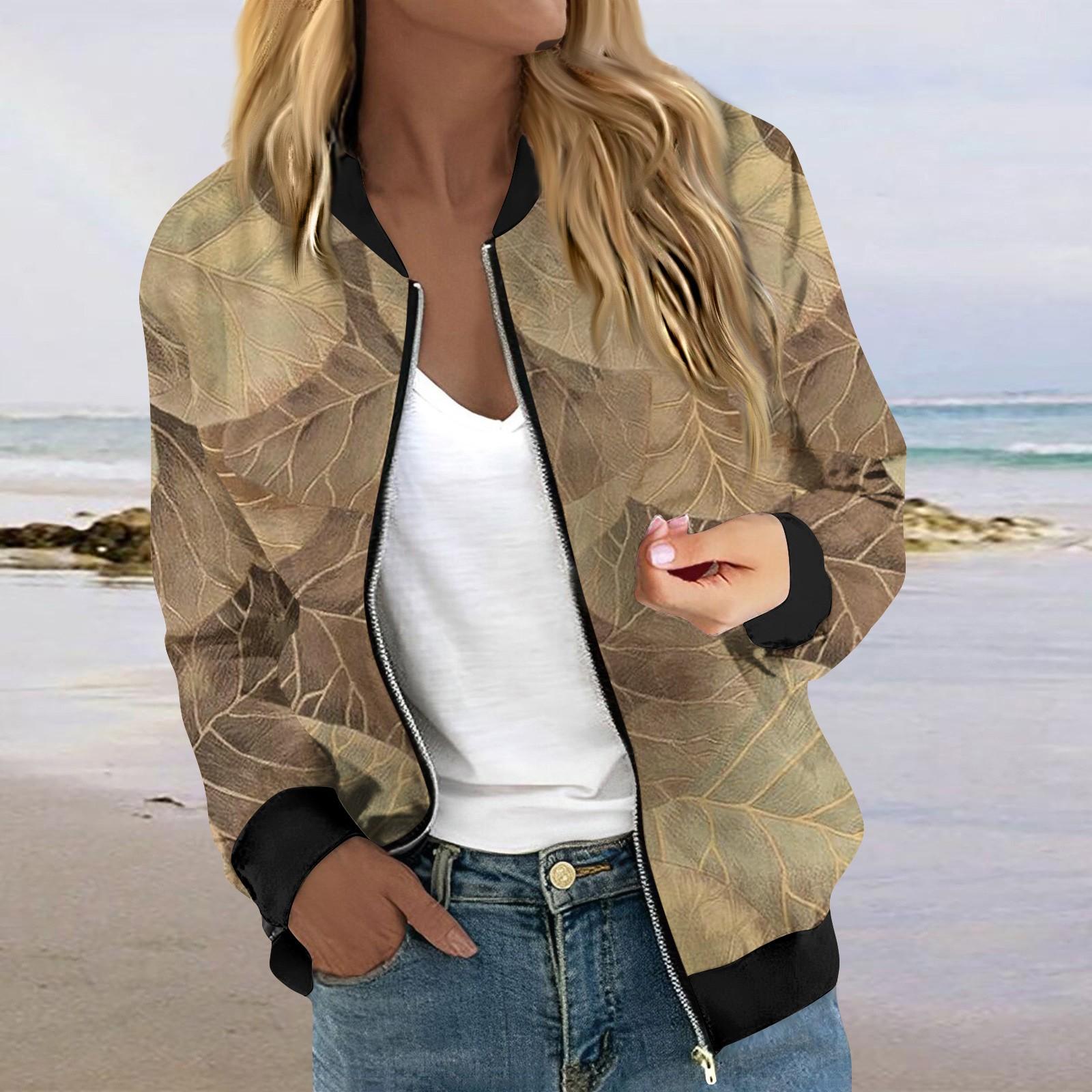 

Жіночі куртки, легкі, укорочені верхній одяг із довгим рукавом і принтом, повсякденні стьобані куртки з кишенями XXL кавовий