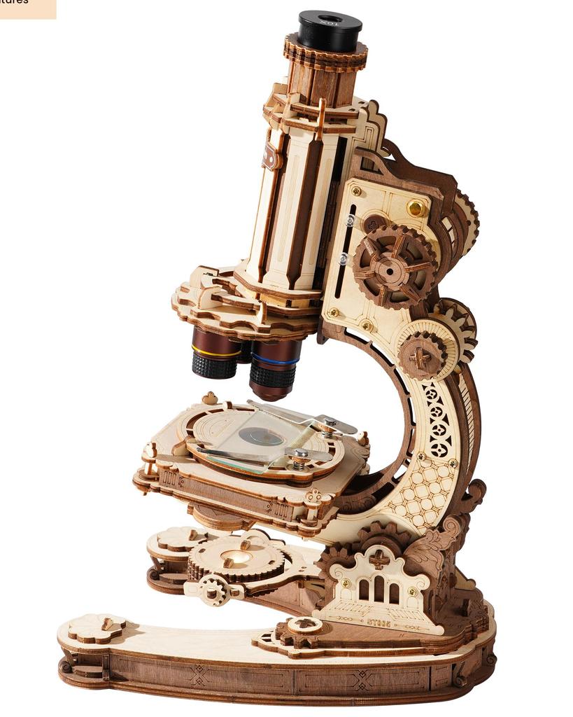 ROBOTIME 3D Wooden Microscope Model Puzzle with LED Lights for and 40x STEM Adult DIY Craft Movable Assembly Fosters Concentration and Summer Vacation