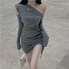 YONGO Long Sleeve Irregular Short Cabaret Party Dress Women's Off-the-Shoulder Dress, Sexy, Fit, Length, Dress, (10 Gray)