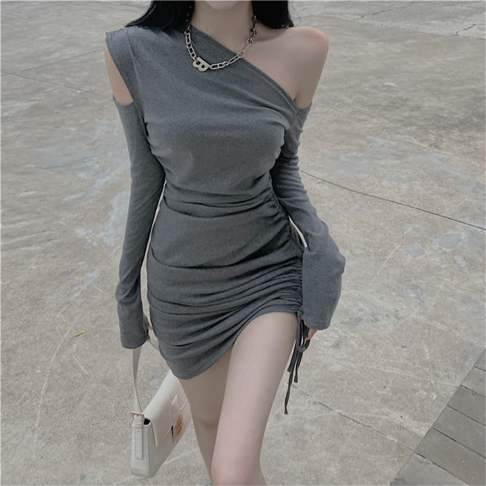 YONGO Long Sleeve Irregular Short Cabaret Party Dress Women's Off-the-Shoulder Dress, Sexy, Fit, Length, Dress, (10 Gray)