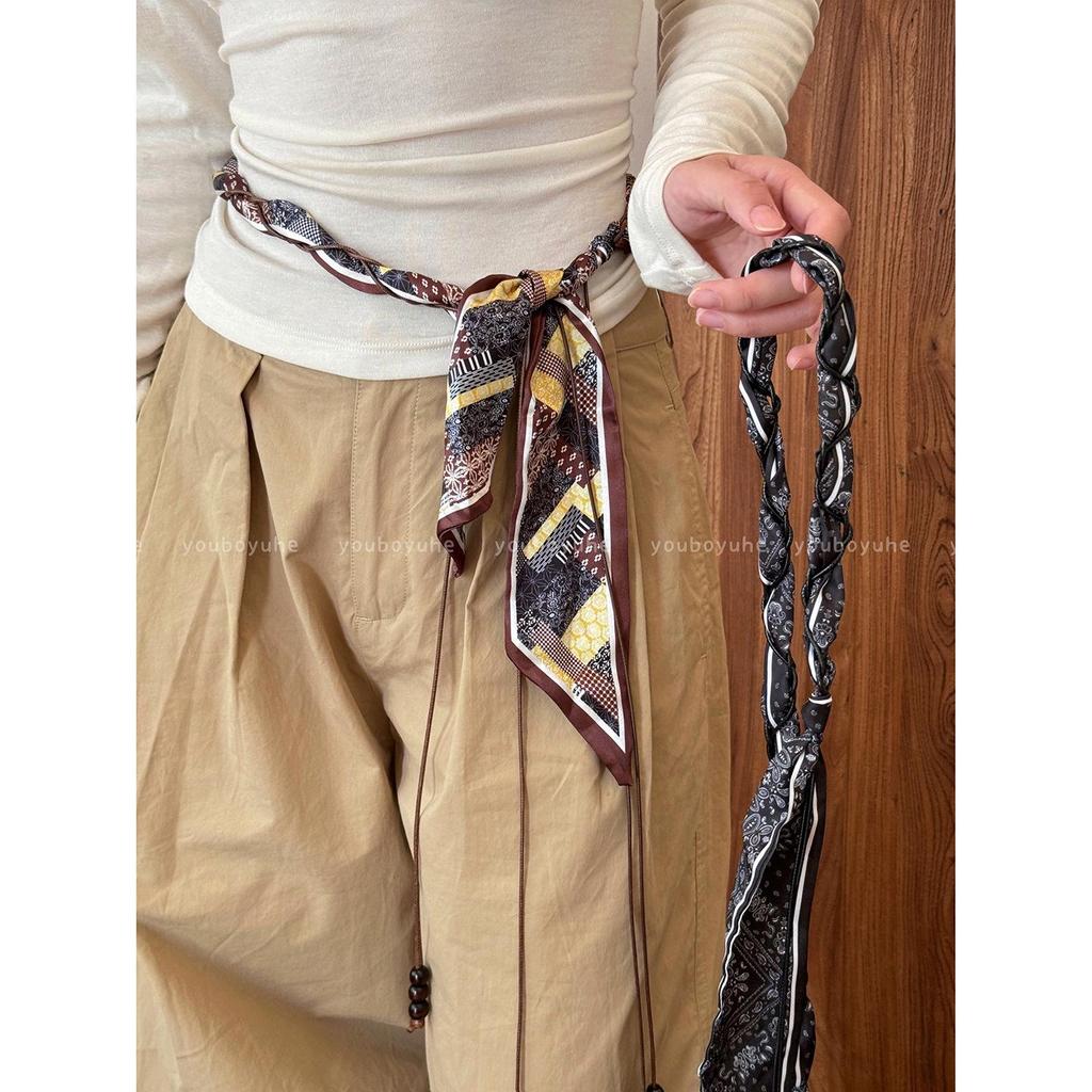 Damski Retro Brązowy Jedwabny Szal Pasek Paisley z Wzorem Łańcucha Dżinsowego