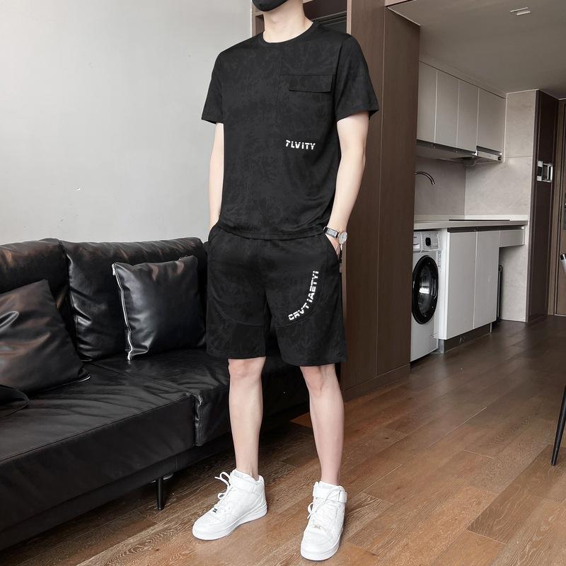 

Летний мужской красивый модный костюм с короткими рукавами, повседневный спортивный костюм стретч S чёрный