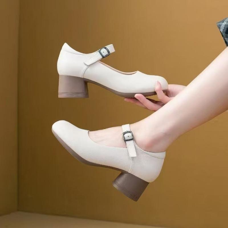 Soft dough thick heel single shoes women's spring and autumn new one-word buckle with round head dancing small leather shoes women