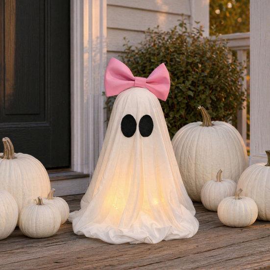 yangyizhi LED Ghost Decoration, Halloween Pink Bow Tabletop Ornament, Soft Fabric Haunted House Decor with Warm Glow for Home