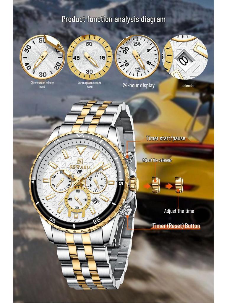 Premium Multi-Function Men's Sports Chronograph Luminous Waterproof Watch with Solid Steel Band