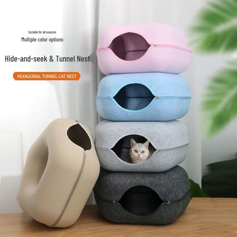Four Seasons Felt Donut Cat Bed & Tunnel - Cozy Pet House & Toy Small 50x50cm светло-серый