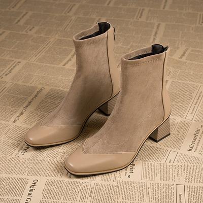 Winter Neue Baumwollstiefel mit dickem Absatz Damen Quadratische Zehenpartie Spleiß Wildleder Reißverschluss hinten Rutschfest Verschleißfest Kurze Stiefel