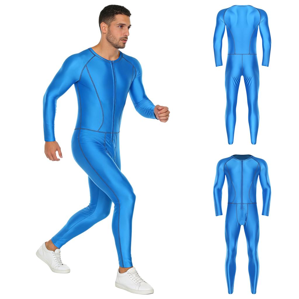 Tuta Intera da Uomo per Adulti Costume da Bagno Esterno Cuciture Piatte Zip Frontale Pantaloni Lunghi Lucidi Aderenti Tuta a Compressione Bodysuit da Yoga