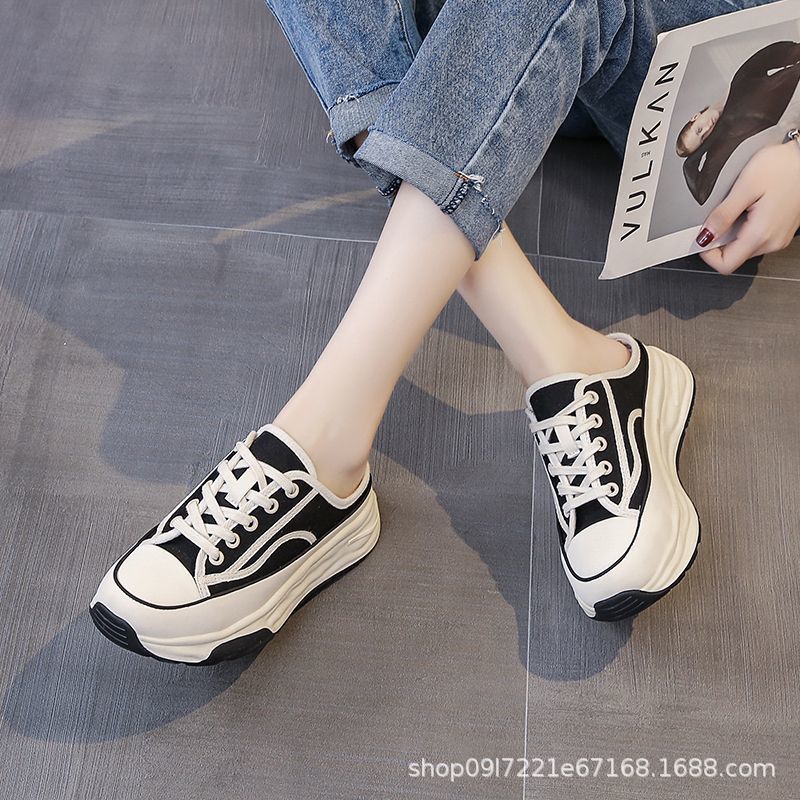 Damsommarnya studentplattformsportskor dam casual väska huvud canvas halvtoffla