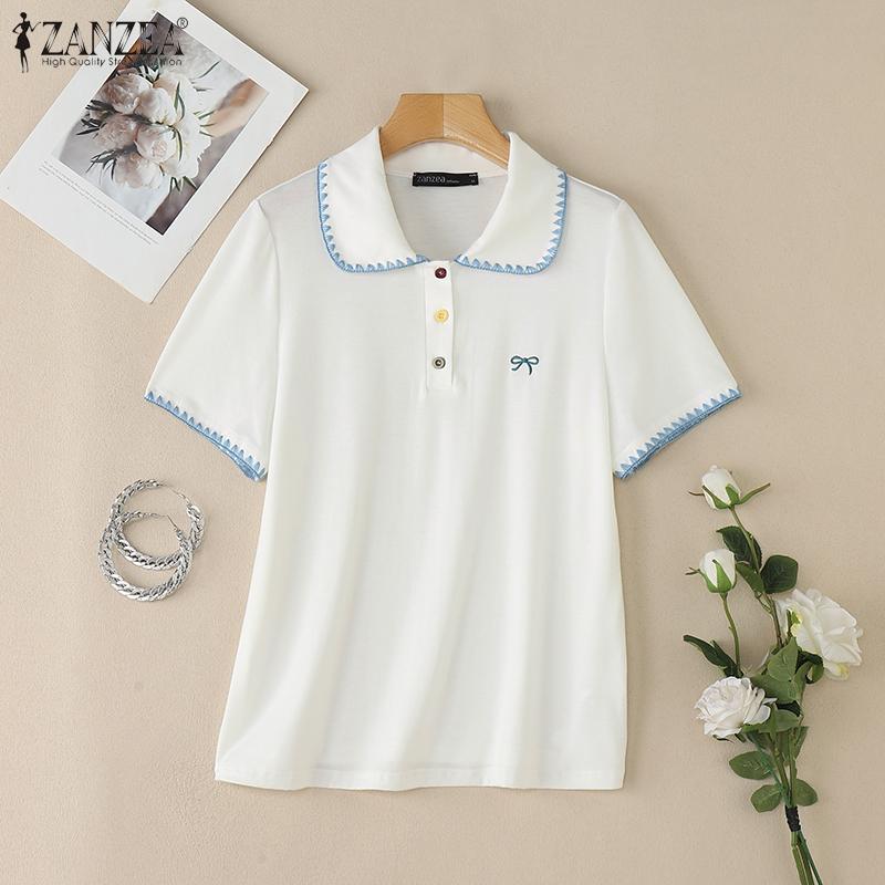 

ZANZEA Women Lapel Neck Short Sleeve Stitching Embroidery Casual Tops Blouse M белый