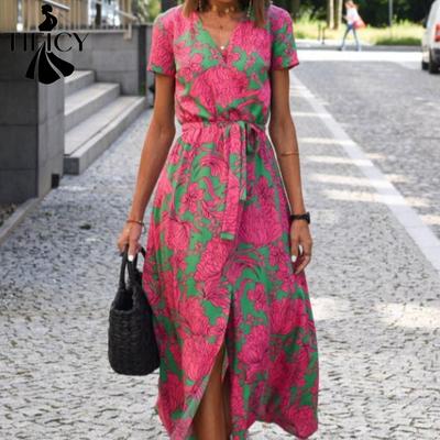 Moda damă vară primăvară cu imprimeu cu mâneci scurte cu decolteu în V talie înaltă rochii casual