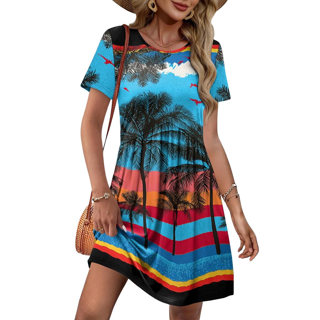 Women Short Sleeve Casual Dress with Floral Print Round Neck Waist Tie and Pockets Lightweight Summer Dress