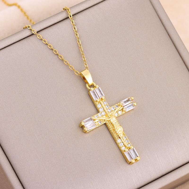 New Bohemia Retro Colorful Zircon Crystal Jesus Cross Pendant Necklaces For Women Vintage Punk Style Female Neck Chain Jewelry