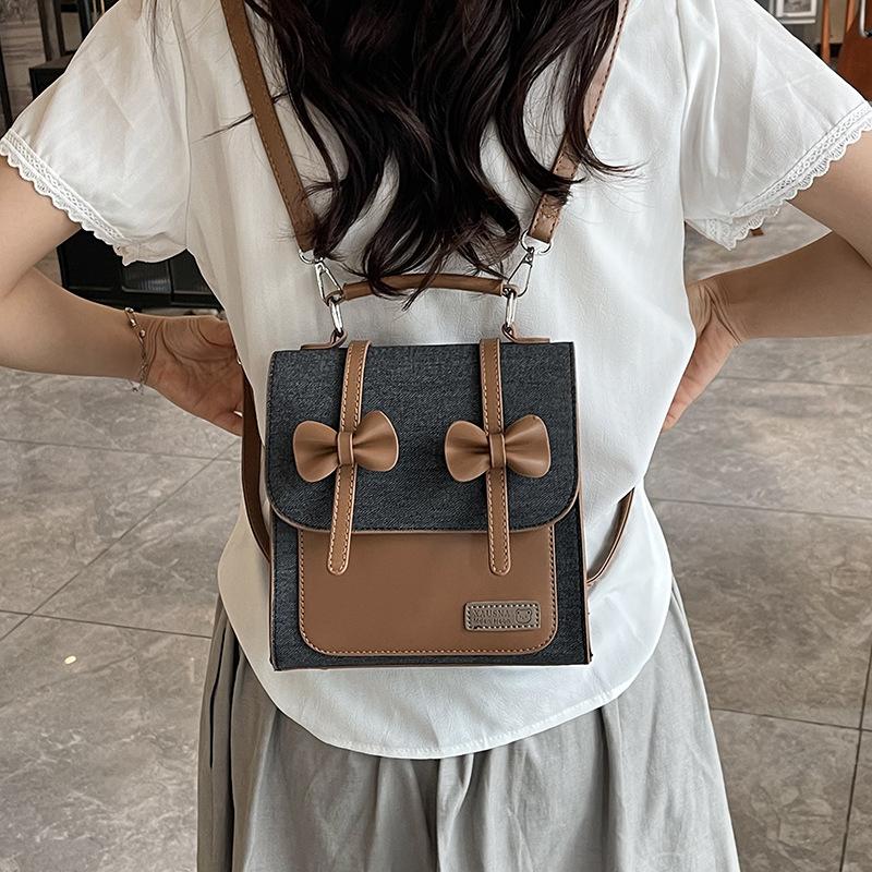 New Bow Fashion Backpack Multi-functional Solid Color Small Backpack Splicing Shoulder Bag