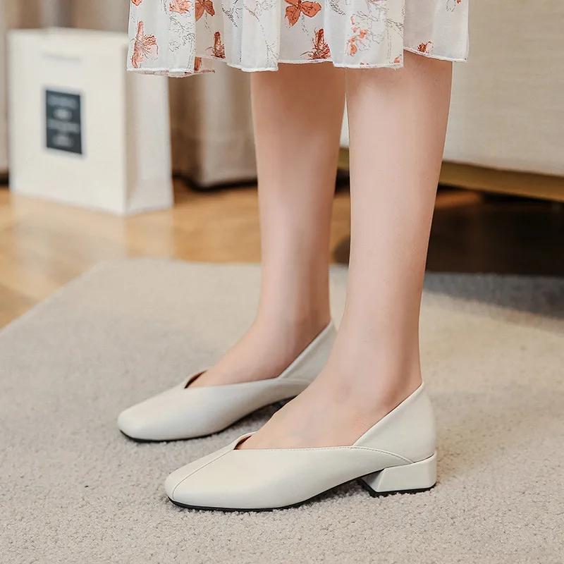 New Women Leather Casual Shoes Chunky Heel Pumps Comfortable OL Slip-on High Heels Shoes Leisure Loafers 33-43
