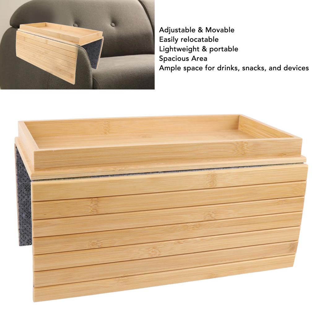Flexible Couch Armrest Organizer Bamboo Wood Foldable Rectangular Non Slip Sofa Armrest Tray Table for Drink Snacks