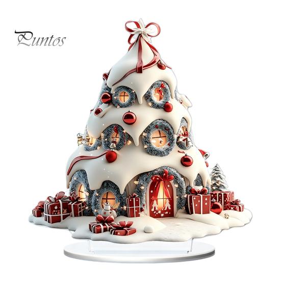 Sturdy Seasonal Shelf Decorations Winter Christmas Tree Cottage Table Decoration, Double Sided Acrylic Xmas Cabin Ornament Indoor Atmosphere