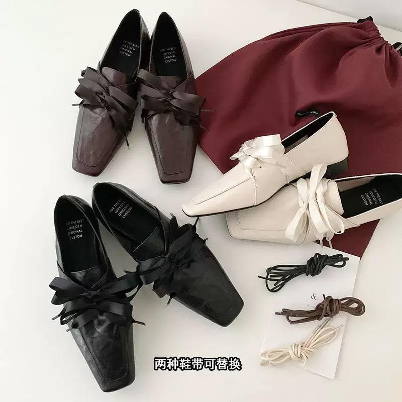 Cowhide version~ square head lace-up white women's pedal bow ballet style single shoes low heel small leather shoes