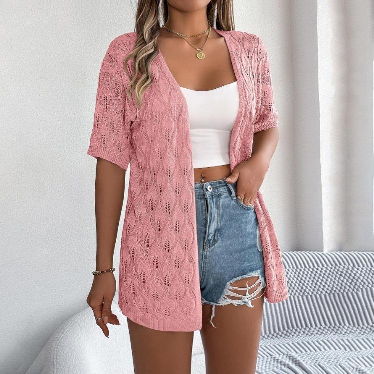 Elegantní dámský volný pletený kardigan s výstřihem do V, jednobarevný kostkovaný svetr, topy na jaro léto