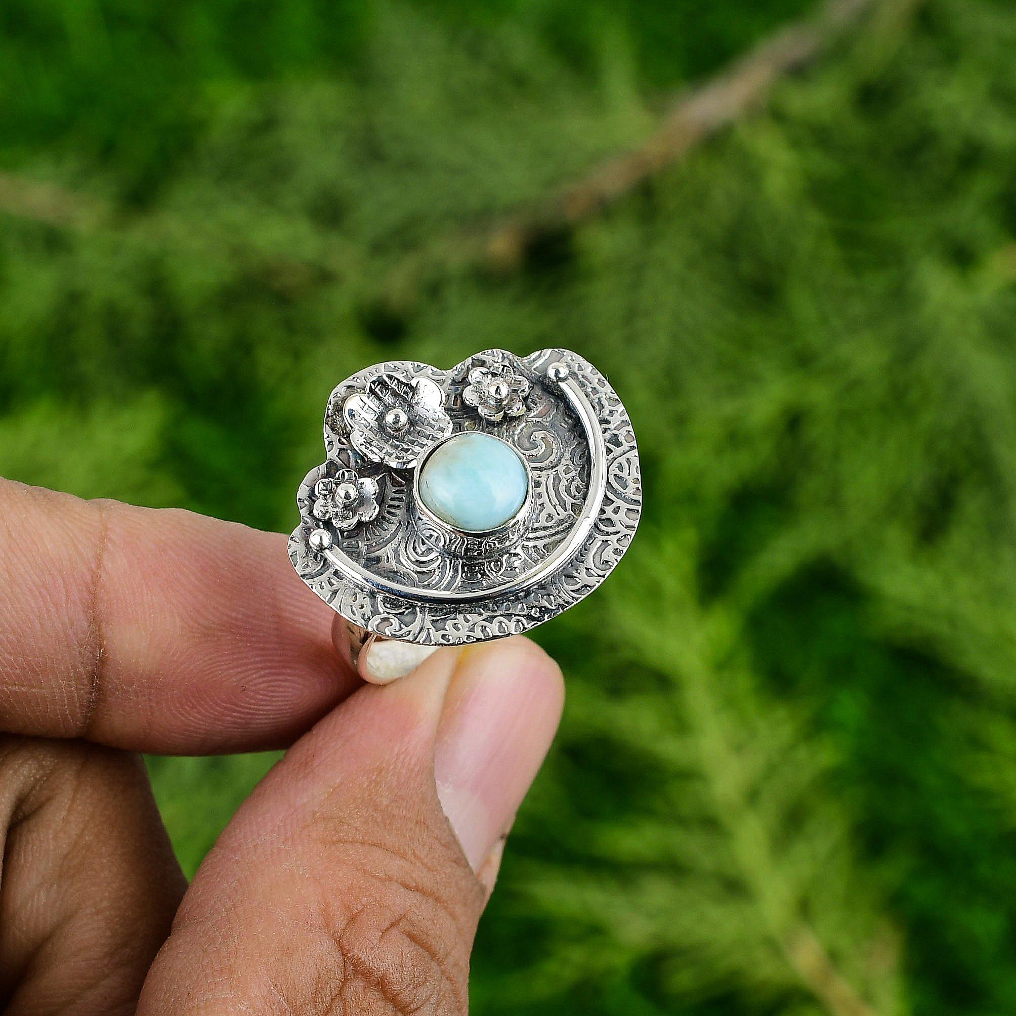 

925 Sterling Silver Natural Larimar Statement Flower Throat Chakra Ring Jewelry Adjustable