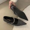 Luxury Satin Rhinestone Pointed Toe Buckle Shallow Low Heeled Women Shoes 2025 New Fashion Brand Designer Wedding Women's Pumps