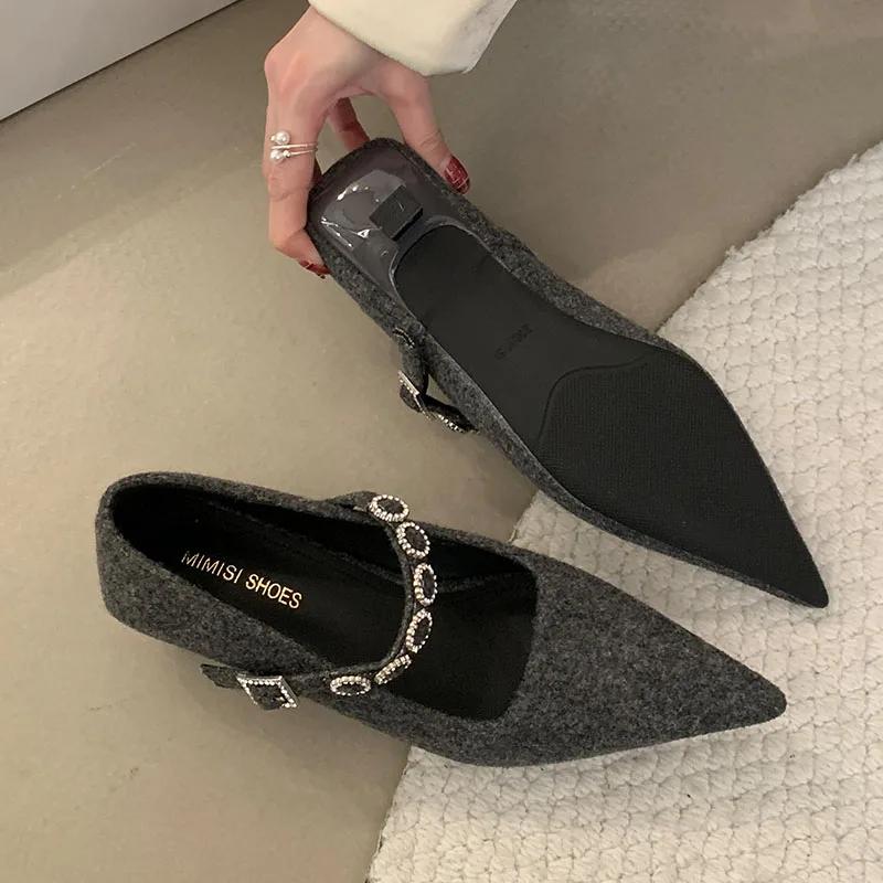 Luxury Satin Rhinestone Pointed Toe Buckle Shallow Low Heeled Women Shoes 2025 New Fashion Brand Designer Wedding Women's Pumps