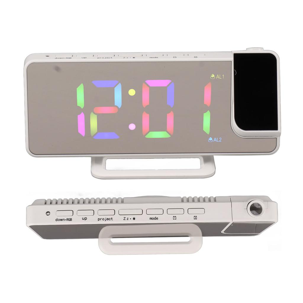 Digital Clock RGB LED Large Screen Mirror Projection Multifunctional Table Electronic Alarm White