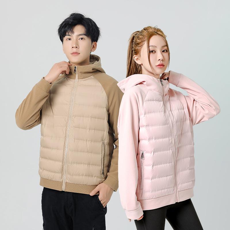Down Jacket Men's and Women's Autumn and Winter White Duck Down Light and Thin Knitting Sports Contrasting Color Splicing Couple's Hooded Jacket
