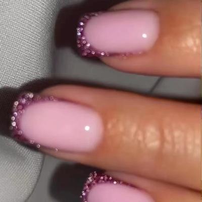 24Pcs/Set Quick Nails Glitter Purple French False Nials Sticker Wearable Waterproof Manicure Finished Nails